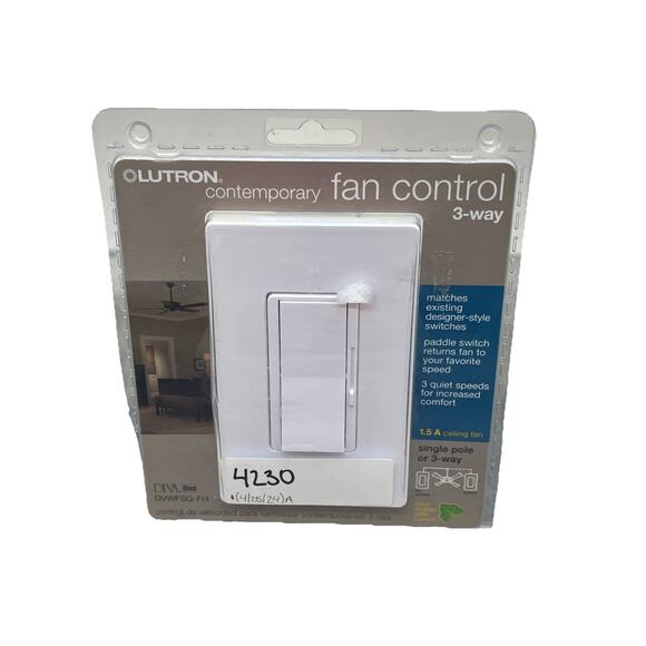 Lutron 3 Way Contemporary Fan Control White, 3 Speed, 120V, DVWFSQ-FH. {1}. - Picture 1 of 10